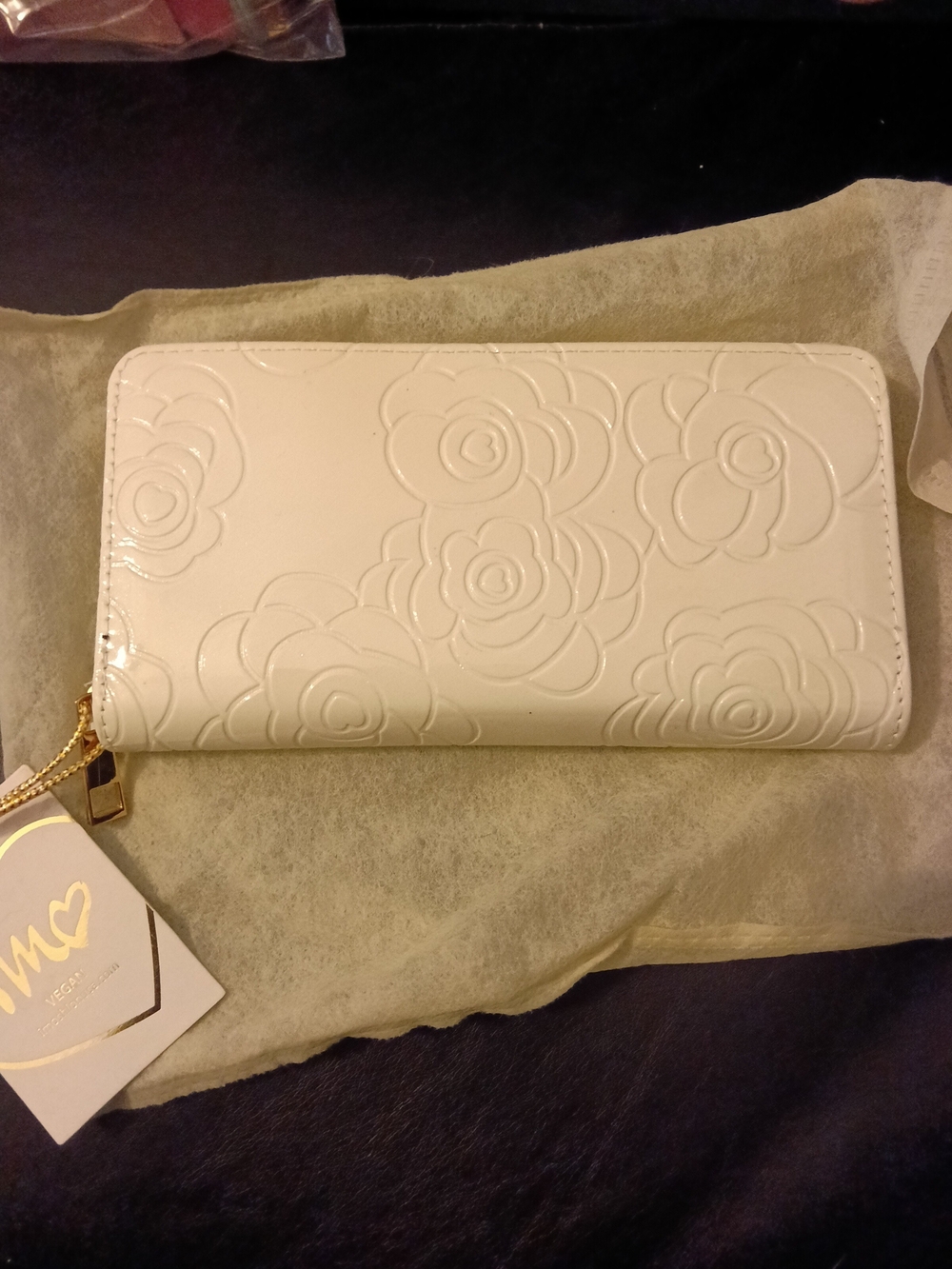 Off White Embossed Floral Patent Zip-Around Wallet